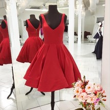 V-neck Short Red Satin Homecoming Dress Women Party Dress - $99.00