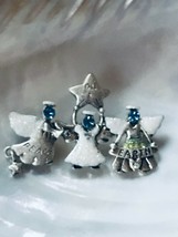 Estate Three Silvertone Angels with Sparkly White Wings Blue Rhinestone Heads - $11.29