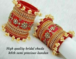 Rajwadi Dulhan Set Wedding Kundan Chura Bridal Bangle Red Pearl Acrylic Plastic - £105.01 GBP