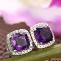 3Ct Cushion Cut Purple Amethyst Diamond Halo Stud Earrings 14K White Gold Finish - £115.18 GBP