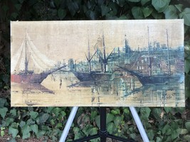 F Miusi Original 1950s Modern Harbor Seascape Cubist Mid Century Oil On Canvas - £389.24 GBP