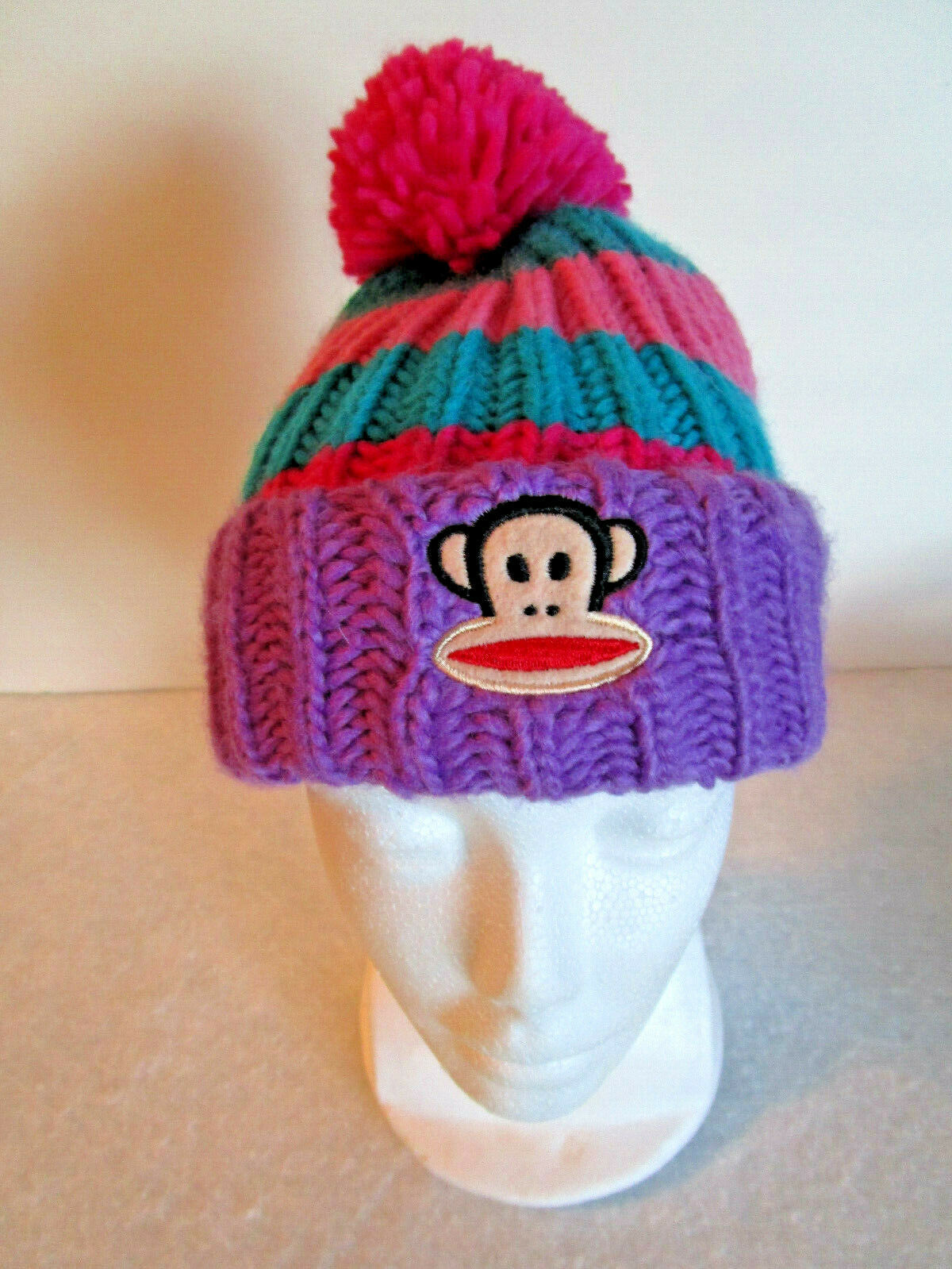 Knit Hat POM POM MONKEY Paul Frank GIRLS WOMEN ONE SIZE purple pink aqua blue - $6.51