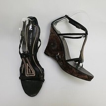 Nine West Womens Shoes Sandals Strappy Wedge Black Beige Brown Facet Size 8.5 M - £23.70 GBP