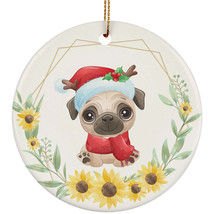 Cute Baby Pug Dog Pet Lover Ornament Sunflower Wreath Xmas Gift Pine Tree Decor - £11.69 GBP