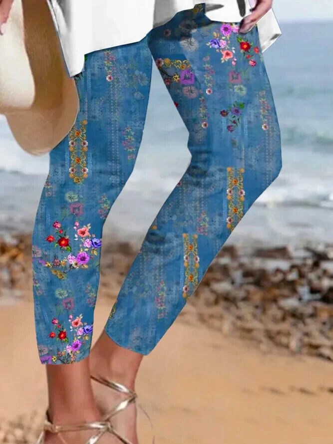 Zolucky Legging Pants Womens Blue Floral Elastic Waist Small Casual Trav... - $13.00