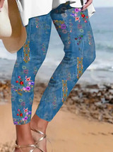 Zolucky Legging Pants Womens Blue Floral Elastic Waist Small Casual Travel Beach - £10.39 GBP