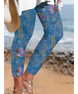 Zolucky Legging Pants Womens Blue Floral Elastic Waist Small Casual Trav... - $18.28 CAD