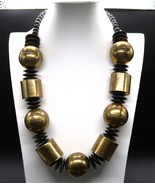 Vtg Oversized Chunky Beaded Statement Necklace Brassy Gold Tone &amp; Black - $70.08 CAD