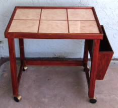 Vintage Danish Modern Teak and Tile Top Rolling Side Table with Magazine... - $395.01
