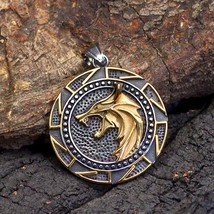 Men&#39;s Gold Norse Viking Wolf Pendant Necklace Stainless Steel Jewelry Chain 24&quot; - £12.65 GBP