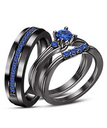 14k B/Gold GP 925 Silver Round Cut Sapphire Bride &amp; Groom Wedding Trio R... - $128.26 CAD