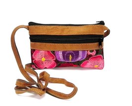 Small Multicolored Floral Embroidered Tan Vegan Leather Suede Slim Purse Crossbo - £15.81 GBP