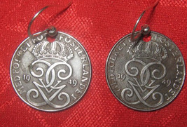 Old Vintage 20MM Swedish Sweden Iron Coin Crown Dangle Unique Pair Of Earrings - £11.07 GBP