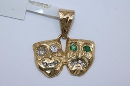 10K Yellow Gold Laugh Now Cry Later Drama Mask Diamond Emerald Charm Pendant - £261.30 GBP