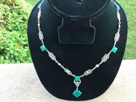 Art Deco Filigree Necklace  Green Onyx and MARCASITE Great Period Piece - £84.05 GBP
