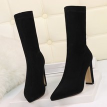 Plus Size High Heel Boots Sock Women Flock Shoes Sexy Party Thick Heel Ankle Boo - £54.56 GBP