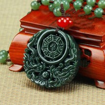 Natural He-tian Stone Hand-carved Dragon Eight Trigrams Pendant Necklace  - $25.00