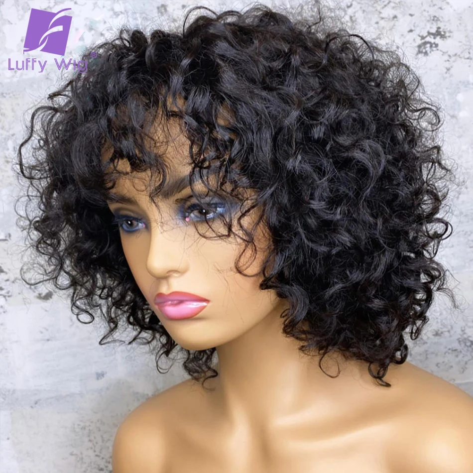 Short Curly Bob Human Hair Wigs With Bangs Brazilian Remy O Scalp Top Bang Wig - $53.98+