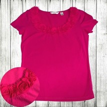 Liz Claiborne Pink Fuchsia Short Sleeve Shirt Women&#39;s Flower Rosettes - £7.01 GBP