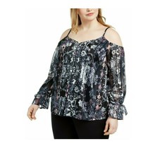 INC Womens Plus Size 1X Black Multicolor Cold Shoulder Lined Blouse Top ... - $31.35