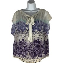CAbi Women&#39;s White Top Purple Lace Print Chiffon Tie Neck Shell Shirt Blouse M - £20.56 GBP
