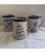 3 Vintage Mugs Handmade Nautical Stoneware Blue Clipper Ship Anchor Bell... - $1,062.32 MXN