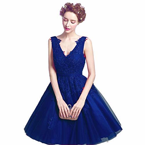 Kivary Sheer V Neck Pearls Beaded Lace Short Prom Homecoming Dresses Royal Blue