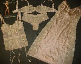 Victoria&#39;s Secret Unlined 32C Bra Set+Garter Corset+Slip Beige Brown Gold Foil - £126.40 GBP