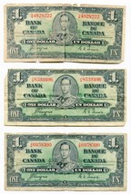 1937 Bank of Canada Lot of Three $1.00 One Dollar Notes King George VI - £16.77 GBP