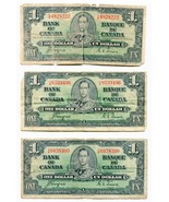 1937 Bank of Canada Lot of Three $1.00 One Dollar Notes King George VI - $28.70 CAD