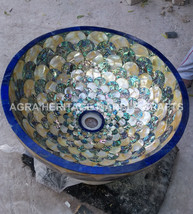 Round Marble Wash Basin Sink Lapis Pauashell Inlay Design Bathroom Decor... - £802.79 GBP+