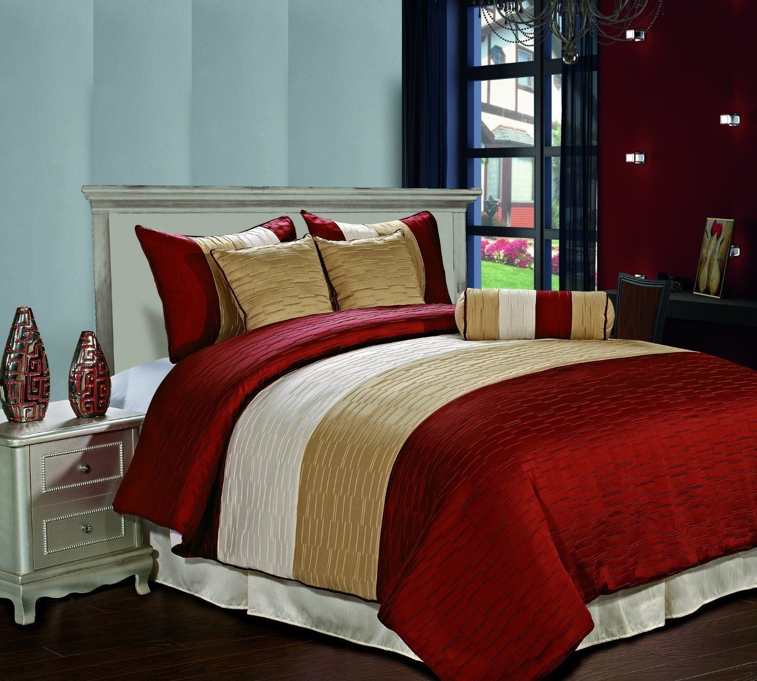 Amber 7pc Jacquard Stripes Comforter Set Burgundy Gold Cream Full,Queen Size Bed - $64.99