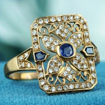 Natural Sapphire and Diamond Octagon Filigree Ring in Solid 9K Yellow Gold - £721.75 GBP