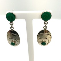 Vintage Sterling Signed 925 Mexico Green Malachite Stone Dangle Stud Earrings - £53.60 GBP