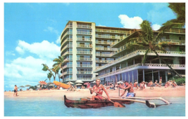 Reef Hotel at Waikiki Beach w Outrigger Canoe Hawaii Hotel Postcard 1967 - £5.41 GBP
