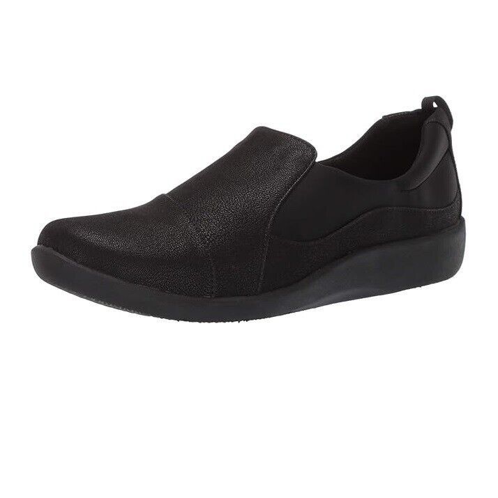 Clarks Womens 9 W Black Sillian Slip On Flat Comfort Shoe NIB GU9 - $44.09
