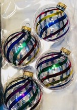 Krebs Christmas Ornament Set 4 Multi Color Glass Balls Ribbons Pattern - £15.78 GBP