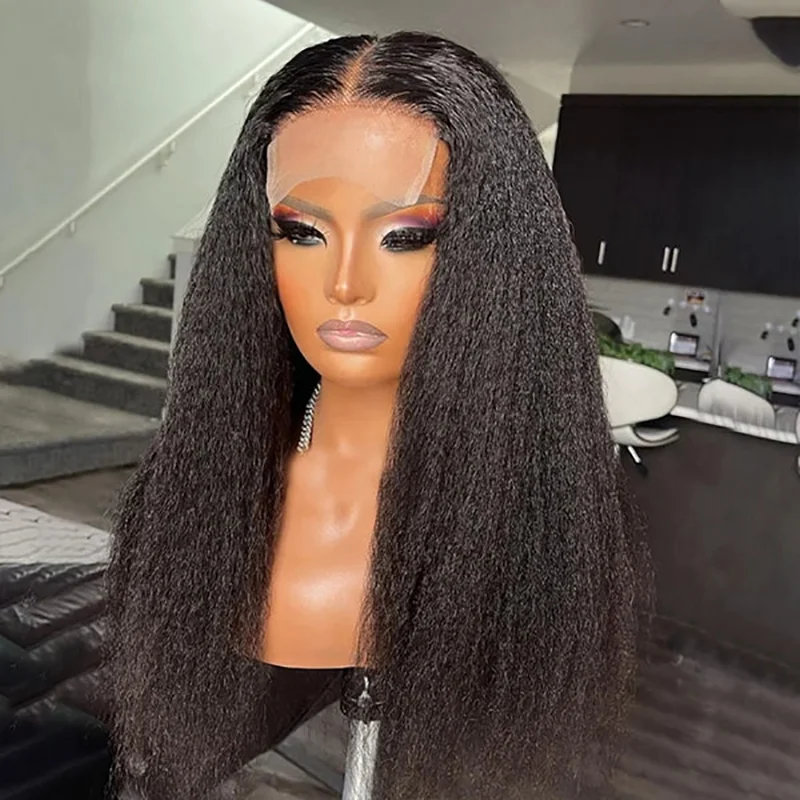 Kinky Straight Glueless Human Hair Wigs 4x4 HD Lace Closure Wig Yaki Preplucked - £73.70 GBP+