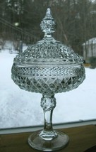Antique Diamond Point Clear Glass Compote Covered Footed Lid Pedestal EAPG - $13.98