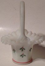 Fenton Matte White Milk Glass Basket Hand Painted Holly Leaf Signed D Anderson - £46.65 GBP