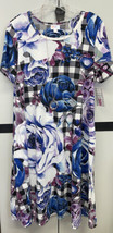 NWT LuLaRoe Medium Black White Plaid Purple Blue Big Flowers Jessie Swing Dress - £41.75 GBP