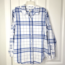 LL Bean Women&#39;s Organic Classic Cotton Shirt XL Regular Blue Plaid Long-... - $28.13
