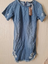 Blue Ripped Denim Tunic Dress Midwash UK Size 6 EU 34 Express Shipping - $23.00
