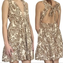 Nwot House Of Harlow Linen Mini Dress Medium Brown Palm Deep V Neck Sexy Back - £43.52 GBP