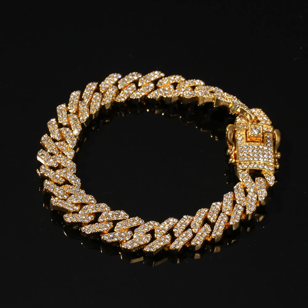 12mm Bling S-Link Miami Cuban Bracelets Gold Color Full Iced Rhinestones Hiphop  - $26.17