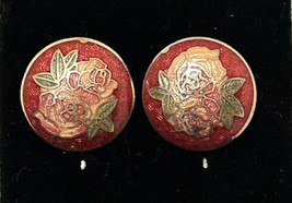 Cloisonné  earrings red enamel nouveau style vintage Rose Flower Studs L... - $10.39