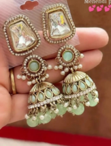 Bollywood Style Gold Plated Indian CZ Kundan Jhumka Earrings Mint Jewelry Set - £22.40 GBP