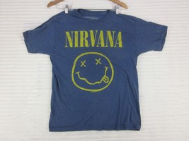 NIRVANA Men T-Shirt (M) Cotton Blend Big Happy Face Graphic Spellout Blue Cobain - £34.75 GBP