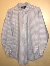 Ralph Lauren Polo Men&#39;s Dress Shirt Blue Striped Pink Logo 17 1/2 X 32/33 - £22.13 GBP