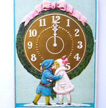 New Years Day Postcard Giant Clock 12 O&#39;clock Two Children Kissing Stecher 203 D - £10.85 GBP